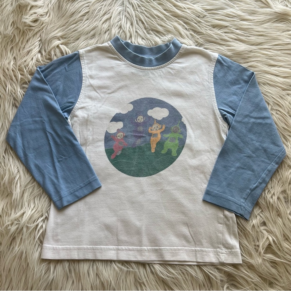 Vintage 90s Teletubbies Henley T Shirt Graphic Cartoon Character Kids Size 6